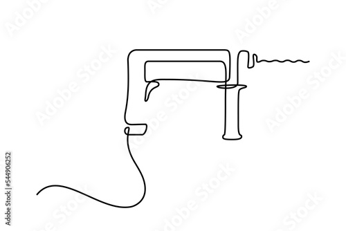 Percussion drill in continuous line art drawing style. Side view of rotary hammer drill power tool black linear design isolated on white background. Vector illustration