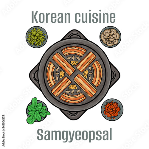 Samgyeopsal. This barbecue involves fatty slices of pork belly that is usually served unseasoned and not marinated. Korean Cuisine.
