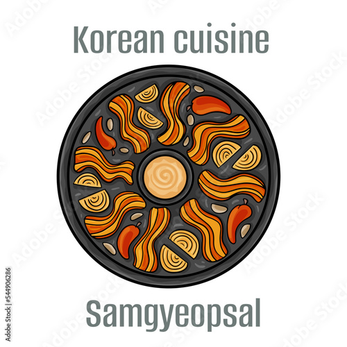 Samgyeopsal. This barbecue involves fatty slices of pork belly that is usually served unseasoned and not marinated. Korean Cuisine.