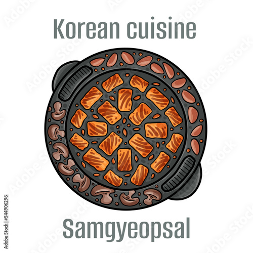 Samgyeopsal. This barbecue involves fatty slices of pork belly that is usually served unseasoned and not marinated. Korean Cuisine.