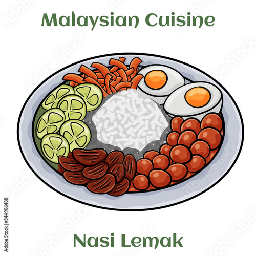 Nasi Lemak. Rice dish cooked in coconut milk and pandan leaf. Malaysian Cuisine.