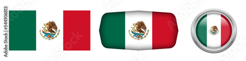 Mexico national flag in three versions rectangular, ellipse and round flag on white background. vector illustration
