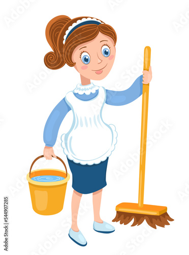 Cute cleaner girl with broom and bucket.Vector cartoon illustration. Isolated on white.