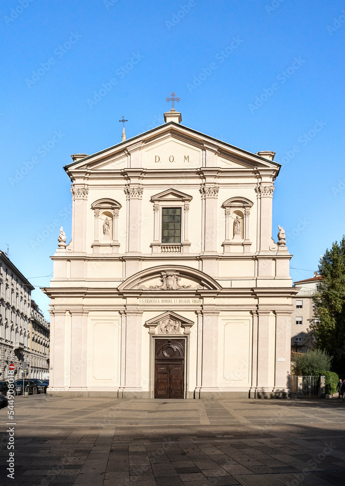 Obraz premium Façade of the Church of Saint Frances of Rome built in 17-18th century, in Porta Venezia district, Milan City center, Lombardy region, Italy