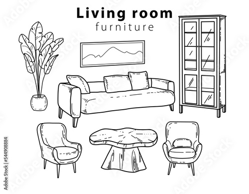 Hand-drawn interior items vector doodle. Cosy living room with sofa, wardrobe, painting and plants. Vector illustration. 