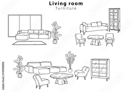Set of Hand-drawn interior items vector doodle. Cosy living room with sofa, wood table, painting and plants. Vector illustration.