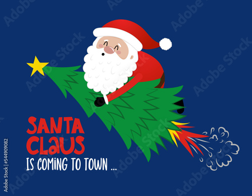 Santa rides a sleigh with reindeers and a trex dinosaur. Merry Christmas, xmas and happy new year funny concept. Cartoon vector illustration. Santa Claus is coming to town.