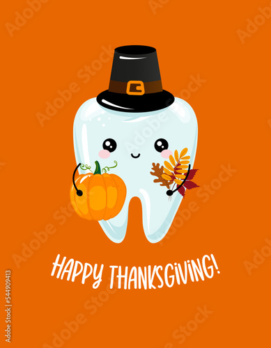 Happy Thanksgiving - Tooth family character design in kawaii style. Hand drawn Toothfairy with funny quote. Good for school prevention posters, greeting cards, banners, textiles.