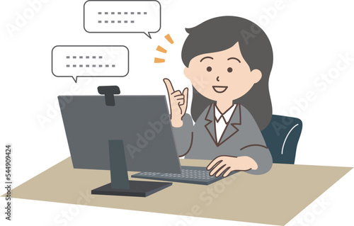 パソコンを使ってオンラインで対話している若い女性会社員