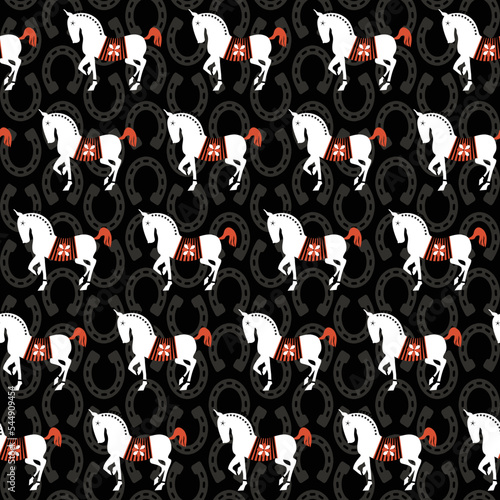 Abstract Horse Silhouettes Horse Shoes Backdrop Seamless Pattern Trendy Fashion Colors Detailed Minimal Icon Design Perfect for Allover Fabric Print or Wrapping Paper