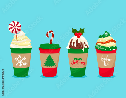 Christmas take away coffee st - Santa colored takeaway coffee cup. Coffee or tea mug decorated Santa Claus costume with belt, snowflake, holly illustration. Vector xmas winter set design. Coffee to go