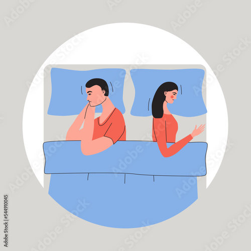 Sexual or marital problems, disagreement concept. Young couple lying side by side on the bed and ignoring each other. Flat vector illustration