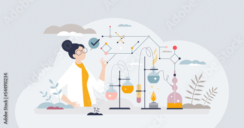 Chemical engineer profession with chemistry field work tiny person concept. Laboratory with female scientist experiment job to research new drugs, pills or material characteristics vector illustration