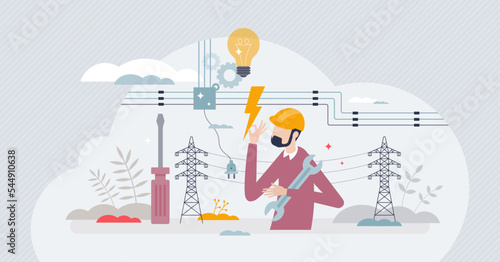 Electrical engineer profession work with electricity tiny person concept. Job with power station line mechanical maintenance, fix or inspection for high voltage electrical flow vector illustration.