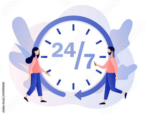 Around clock. 24 hours watch with arrow. 24-7 support service, open, time, working hours, delivery concept. Modern flat cartoon style. Vector illustration on white background