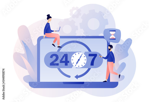 Around clock. 24 hours watch with arrow on laptop screen. 24-7 support service, open, time, working hours, delivery concept. Modern flat cartoon style. Vector illustration on white background
