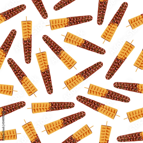Sweet food and dessert food, vector seamless pattern of golden brown homemade corn dog or hot dog waffle on a stick in various flavors decorations and chocolate. Print, textile, fabric, wrapping.