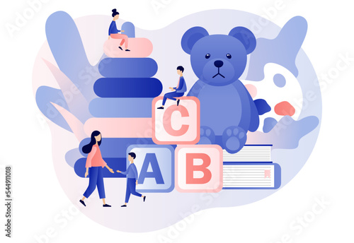 Babysitter service. Nanny occupation. Childcare assistance. Babysitting club. Family and nursery. Modern flat cartoon style. Vector illustration on white background
