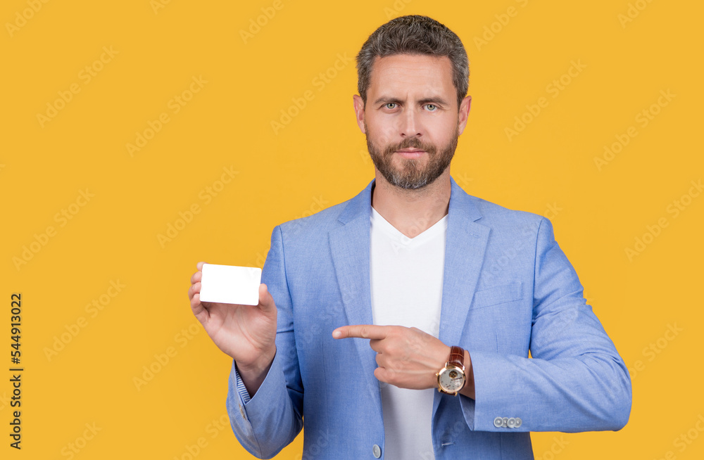 businessman point finger on business card with copy space. businessman holding business card businessman point finger on business card with copy space. businessman holding business card