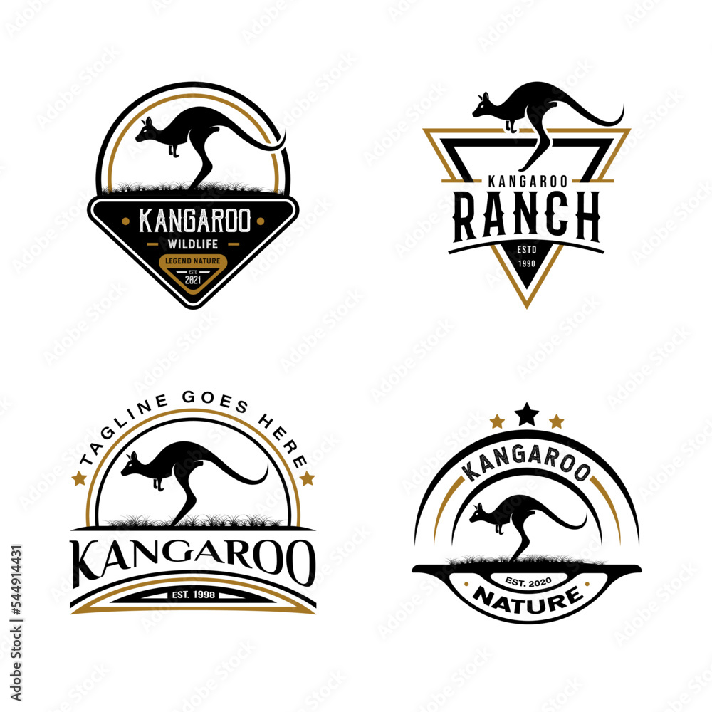 Retro Vintage Silhouette Kangaroo Logo Design. On black, white, and gold colors. Premium and Luxury Logo Illustration Design Graphic