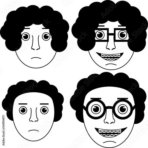 The faces of a boy and a girl with glasses and orthodontic braces on their teeth. Set of cartoon children face.