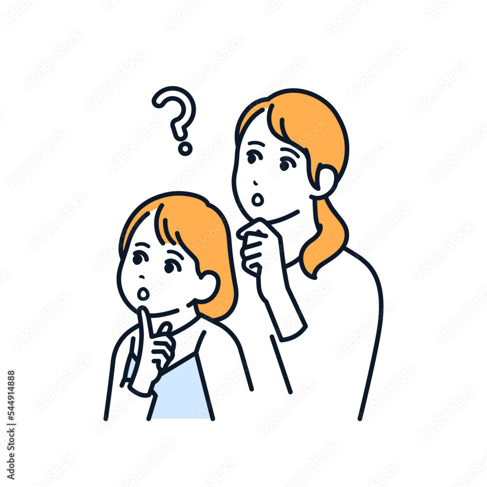 疑問符を浮かべる親子のシンプルなベクターイラスト素材