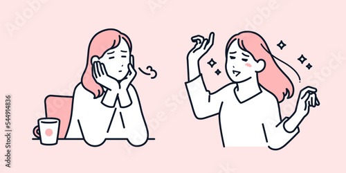 落ち込む若い女性のシンプルなベクターイラストセット素材