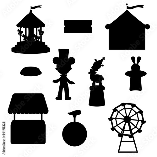 Collection of elements pink circus silhouette. Tent, toy, carousel, tickets