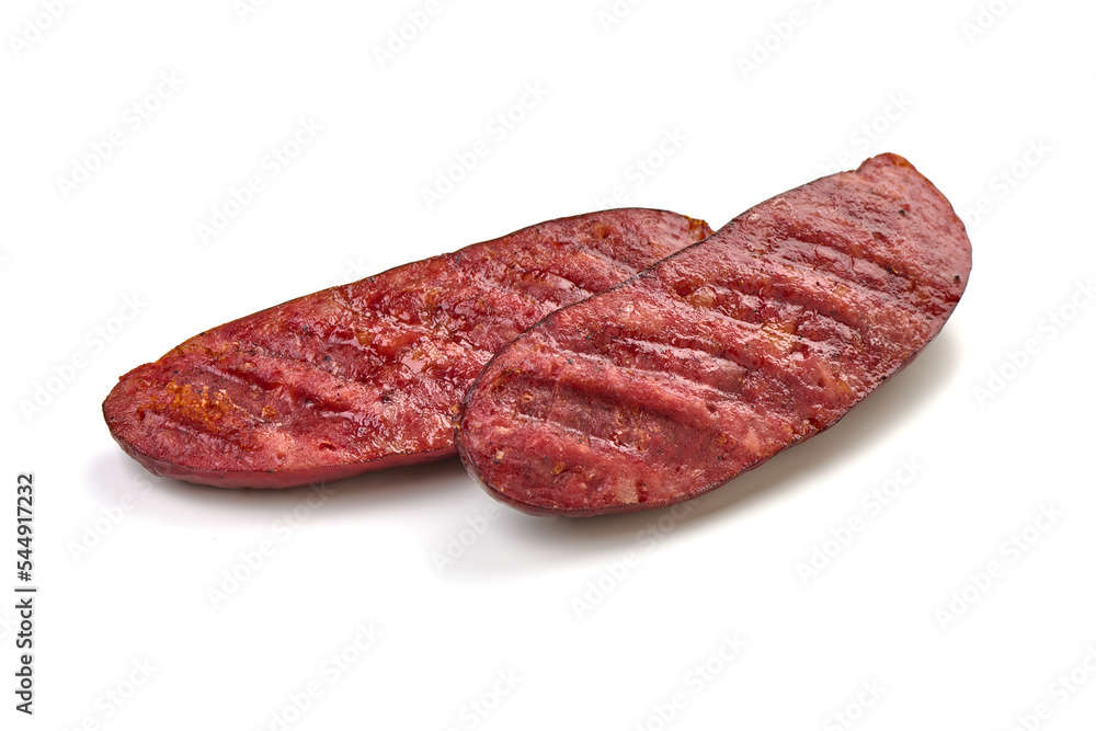 Grilled bratwurst Pork Sausages, close-up, isolated on white background. Grilled bratwurst Pork Sausages, close-up, isolated on white background.