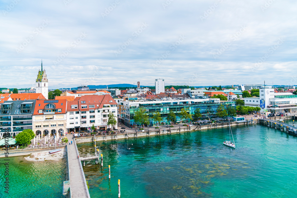 Germany, Friedrichshafen city coast bodensee lake houses promenade lakeside summer, aerial panorama view above buildings