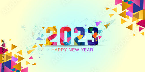 Colorful, futuristic, low poly, abstract, geometric and confetti background design of 2023 Happy New Year. Website banner poster greeting card.