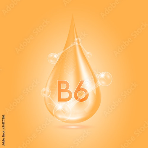 Vitamins B6 collagen serum water drop isolated on dark background. Solution complex orange with molecule oxygen bubbles surround. Beauty skincare cosmetics. Medical concepts. 3D Realistic Vector.