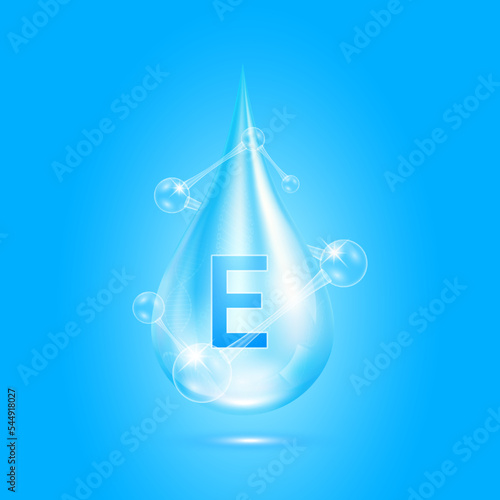 Vitamins E collagen serum water drop isolated on dark background. Solution complex blue with molecule oxygen bubbles surround. Beauty skincare cosmetics. Medical concepts. 3D Realistic Vector.