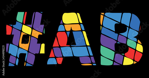 AB Hashtag. Tricolor isolated letters from contrast flowing fluid shapes. Rainbow colored Hashtag #AB is abbreviation for the Canadian Alberta for social network, web resources, mobile app