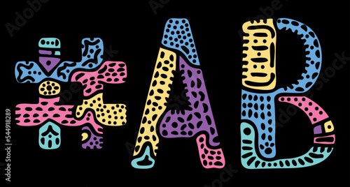 AB Hashtag. Multicolored bright isolate curves doodle letters. Hashtag #AB is abbreviation for the Canadian Alberta for social network, Canada web resource, mobile apps.