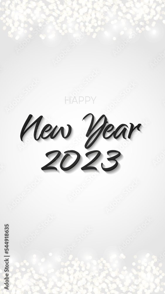 Black Happy New Year 2023 banner glittering silver. Metal sparkling ring with dust glitter graphic on white background. Beautiful numbers graphic design template. Luxurious gradient calendar