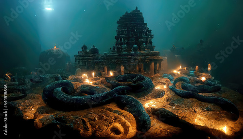 AI generated image of Nagaloka, the ancient Indian city of snakes underwater as mentioned in the Indian epic Mahabharata photo