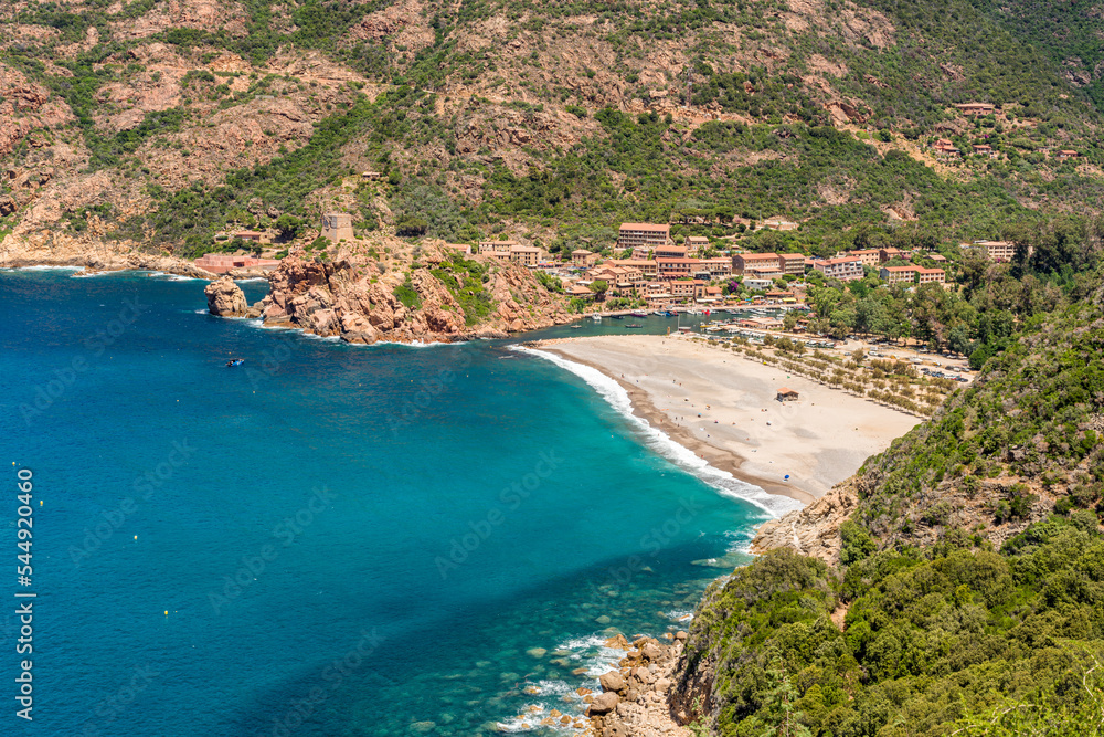 Beautiful seascape with the village of Porto. Corse, France.