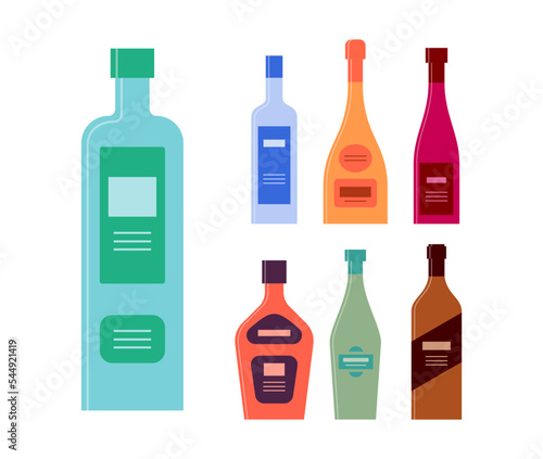 Set bottles of gin vodka champagne wine liquor vermouth whiskey. Icon bottle with cap and label. Graphic design for any purposes. Flat style. Color form. Party drink concept. Simple image shape