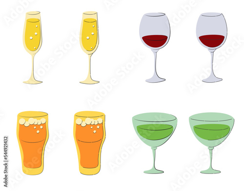 Champagne red wine beer vermouth glass on white background. Cartoon sketch graphic design. Flat style. Colored hand drawn image. Party drink concept for restaurant, cafe, party. Freehand drawing style