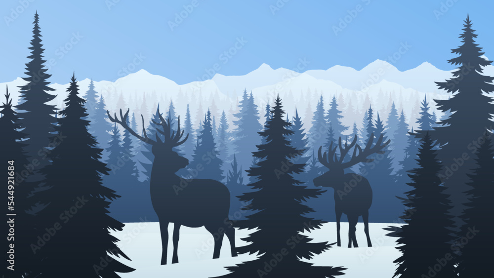 Nature mountains landscape silhouette. Winter coniferous forest with snow, frozen weather. Animals in the pine forest, deer stay in the woods. Vector illustration. Christmas background. Nature mountains landscape silhouette. Winter coniferous forest with snow, frozen weather. Animals in the pine forest, deer stay in the woods. Vector illustration. Christmas background.