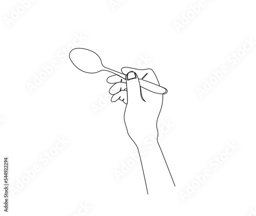 Continuous one line drawing of hand holding spoon. Hand holding silverware simple line art vector design.