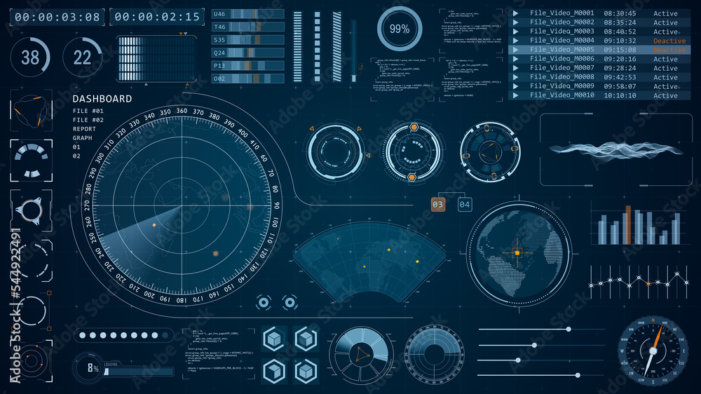 Blue color sonar radar screen searching an object with futuristic head up display ( HUD UI ) technology interface screen and chat panel abstract background - obrazy, fototapety, plakaty 
