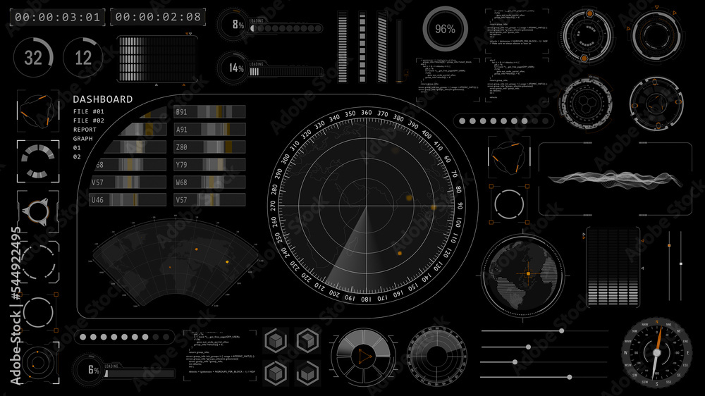 Sonar radar screen searching an object with futuristic head up display ( HUD UI ) technology interface screen and chat panel abstract background Sonar radar screen searching an object with futuristic head up display ( HUD UI ) technology interface screen and chat panel abstract background