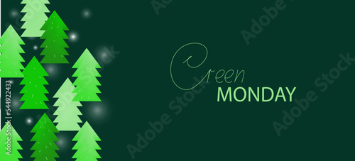 Green monday sale tree background. Vector 3d, cartoon illustration for banner.