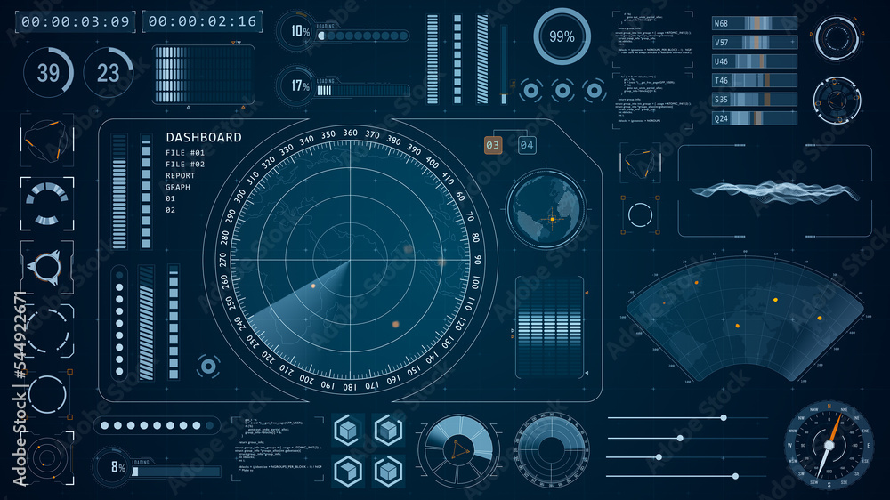 Blue color sonar radar screen searching an object with futuristic head up display ( HUD UI ) technology interface screen and chat panel abstract background