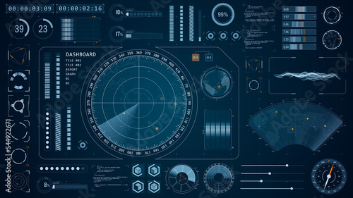 Blue color sonar radar screen searching an object with futuristic head up display ( HUD UI ) technology interface screen and chat panel abstract background photo
