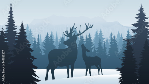 Nature mountains landscape silhouette. Winter coniferous forest with snow, frozen weather. Animals in the pine forest, deer stay in the woods. Vector illustration. Christmas background.  ©  Tati. Dsgn