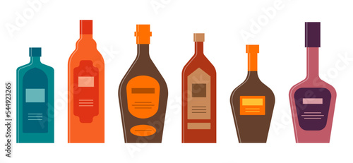 Bottle of gin rum whiskey balsam brandy liquor. Graphic design for any purposes. Flat style. Color form. Party drink concept. Simple image shape