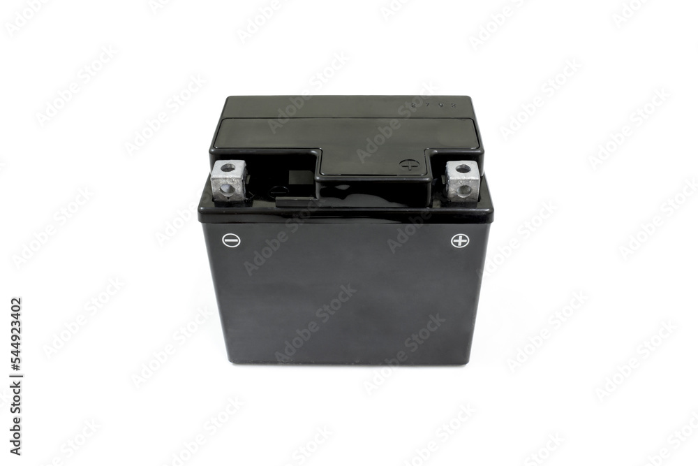Motorcycle battery on white background, Car maintenance service.